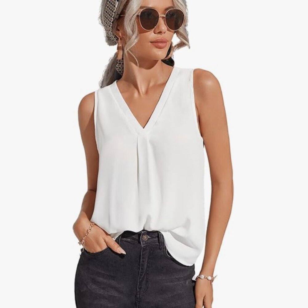 Brand New - Women's Sleeveless V Neck Work Office Pleated Tank Top Shirt